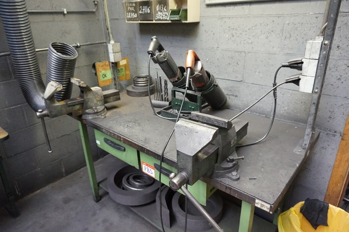 Bench with (2) x Record Vices and Electric Hand Drills