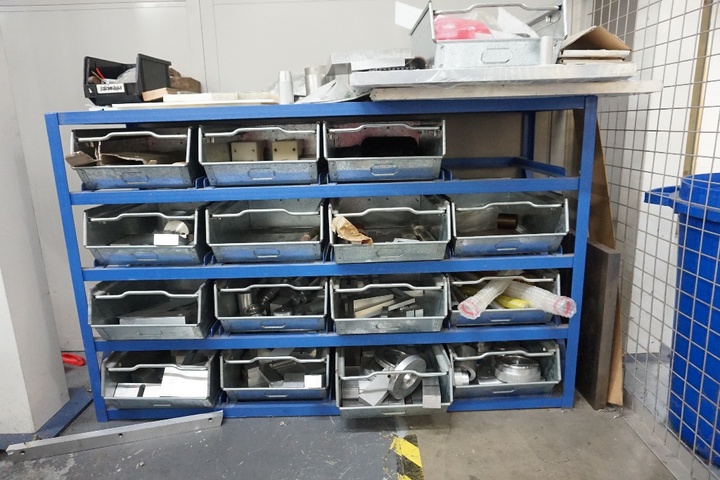 Rack with 16 Storage Bins and Contents