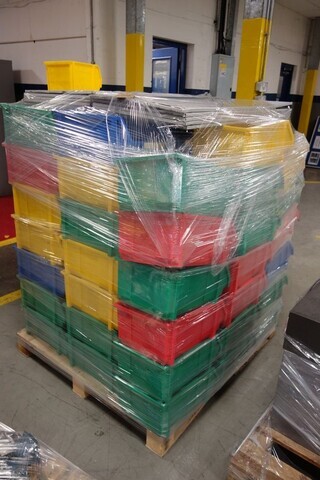 Approx 80 Plastic Tote Bins ; on Wooden Pallet