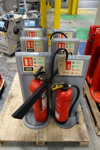 Various  Fire Extinuishers ; on Wooden Pallet