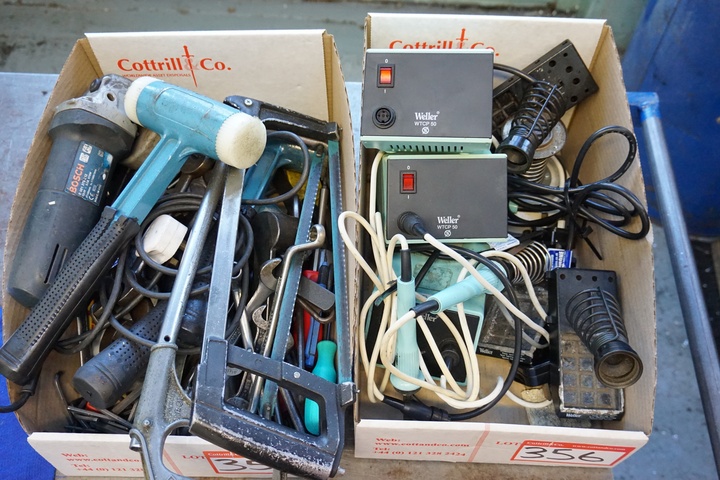 Box of Various Hand Tools and Soldering Irons