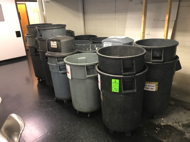 Lot of Garbage Cans and Brooms