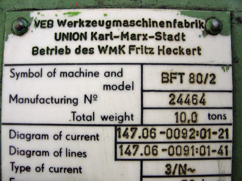 Union BFT 80/2 Horizontal Boring, Facing & Milling Machine