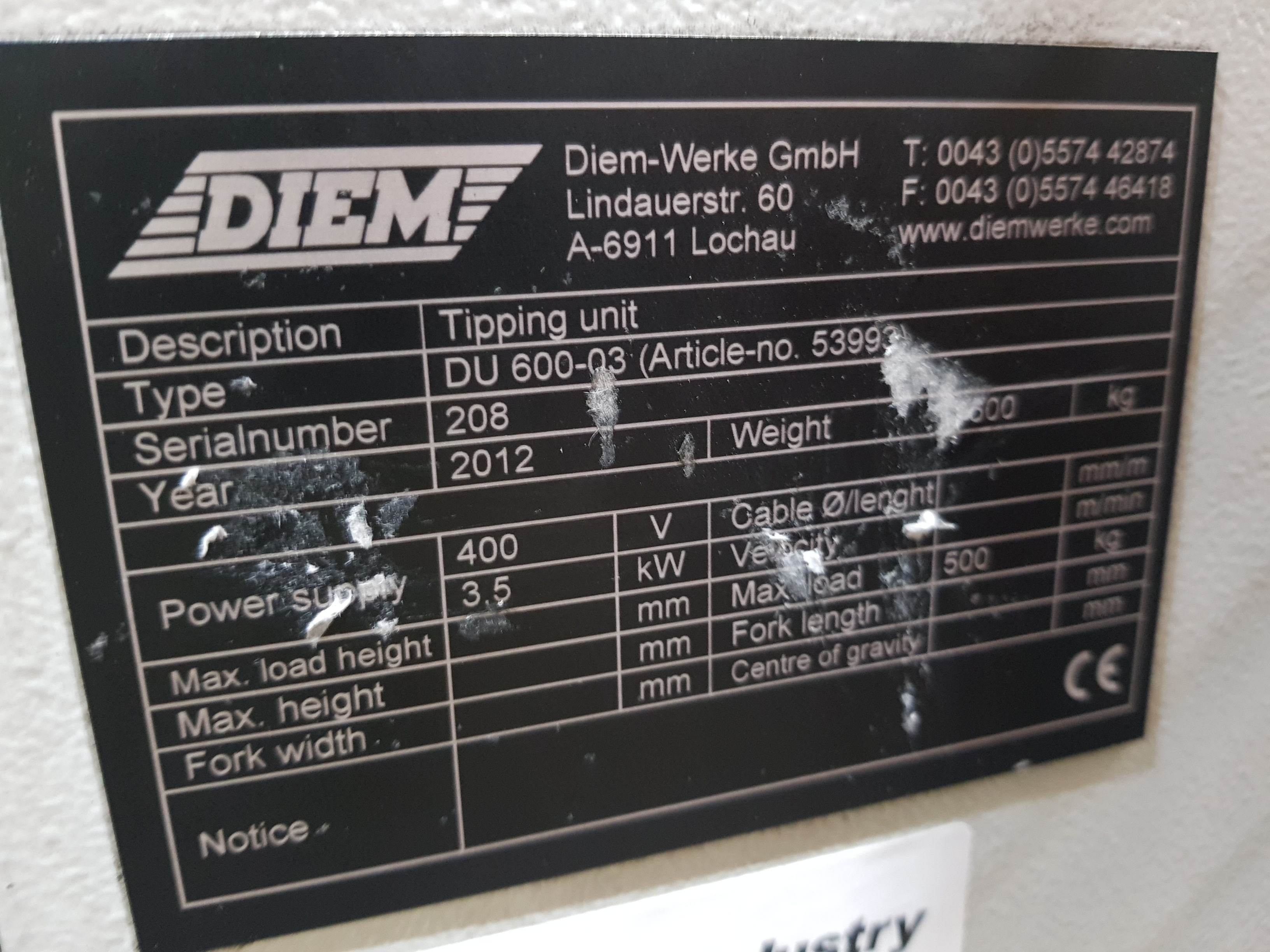 Diem DU600-03 Tipping Unit