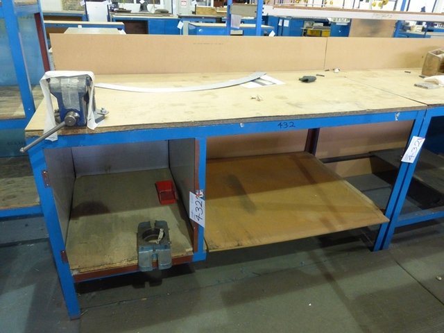 (2) Steel Framed Benches  with (7) vices and 4 Shelf Steel Rack