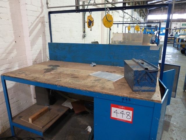 (4) Steel Framed Benches, (3) Vices, and (4) Universal Air Tool Balancers