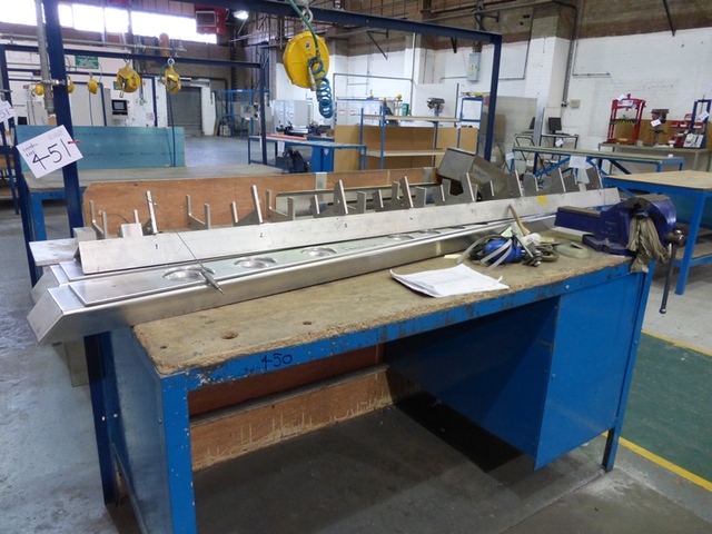 (4) Steel Framed Benches, (3) Vices, and (5) Universal Air Tool Balancers