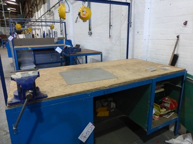 (3) Steel Framed Benches, (3) Vices, (8) Universal Air Tool ATB-3 Air Tool Balancers