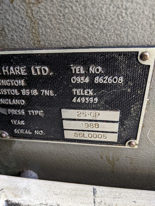 Hare 25ton Hydraulic Press, Model 25GP