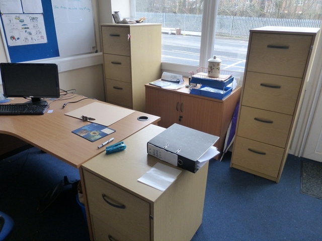Wood Veneer desk, (2) Wood Veneered Side Filers, Wood veneered cabinet