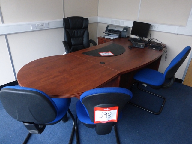Dark Wood Veneered Executive Desk with Meeting End, Dark Wood Veneered Filing Cabinet, (2) Dark Wood Veneered Cabinets
