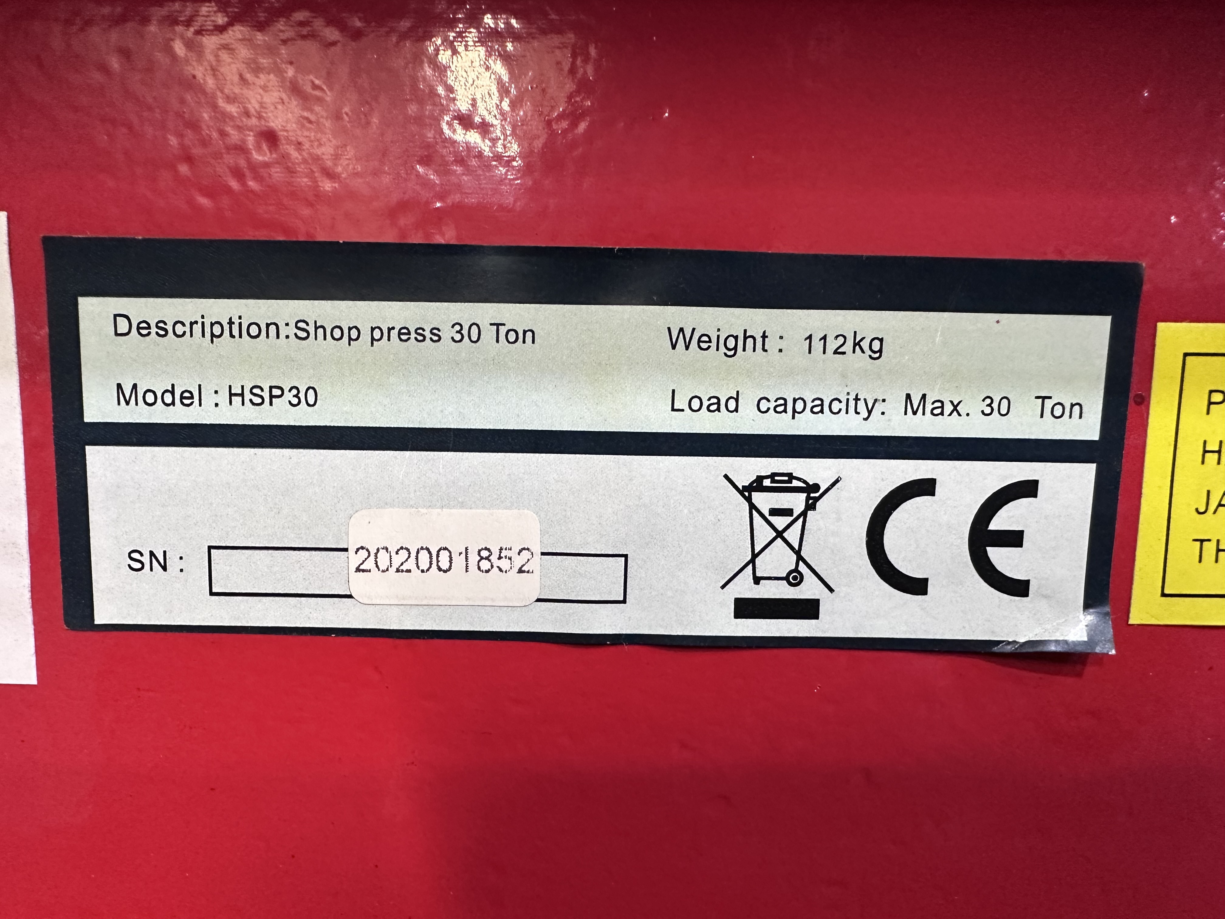 30 Ton Hydraulic Garage Press, Type HSP 30