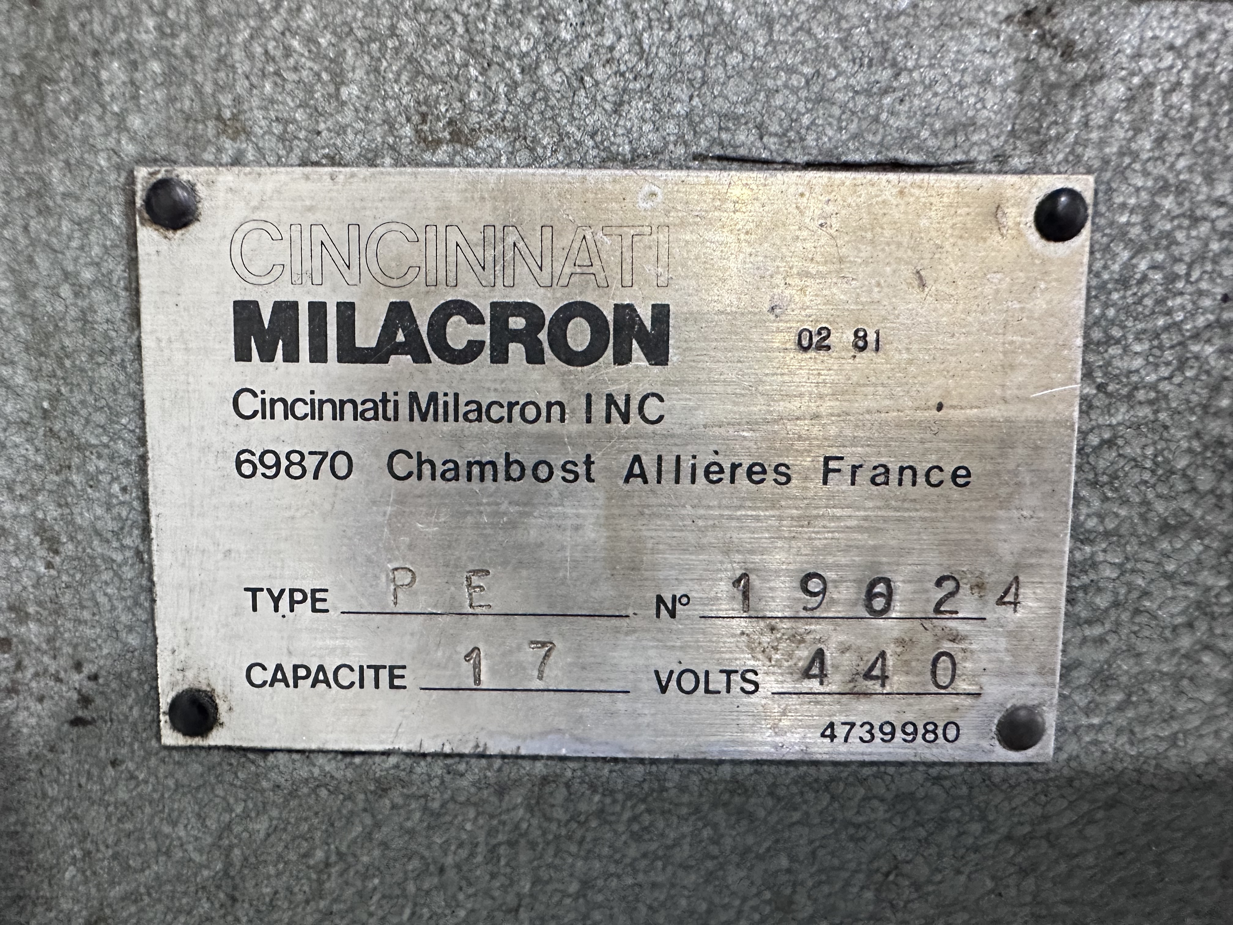 Cincinnati Milacron Bench Drill Type PE, 440V. S/No. 19024