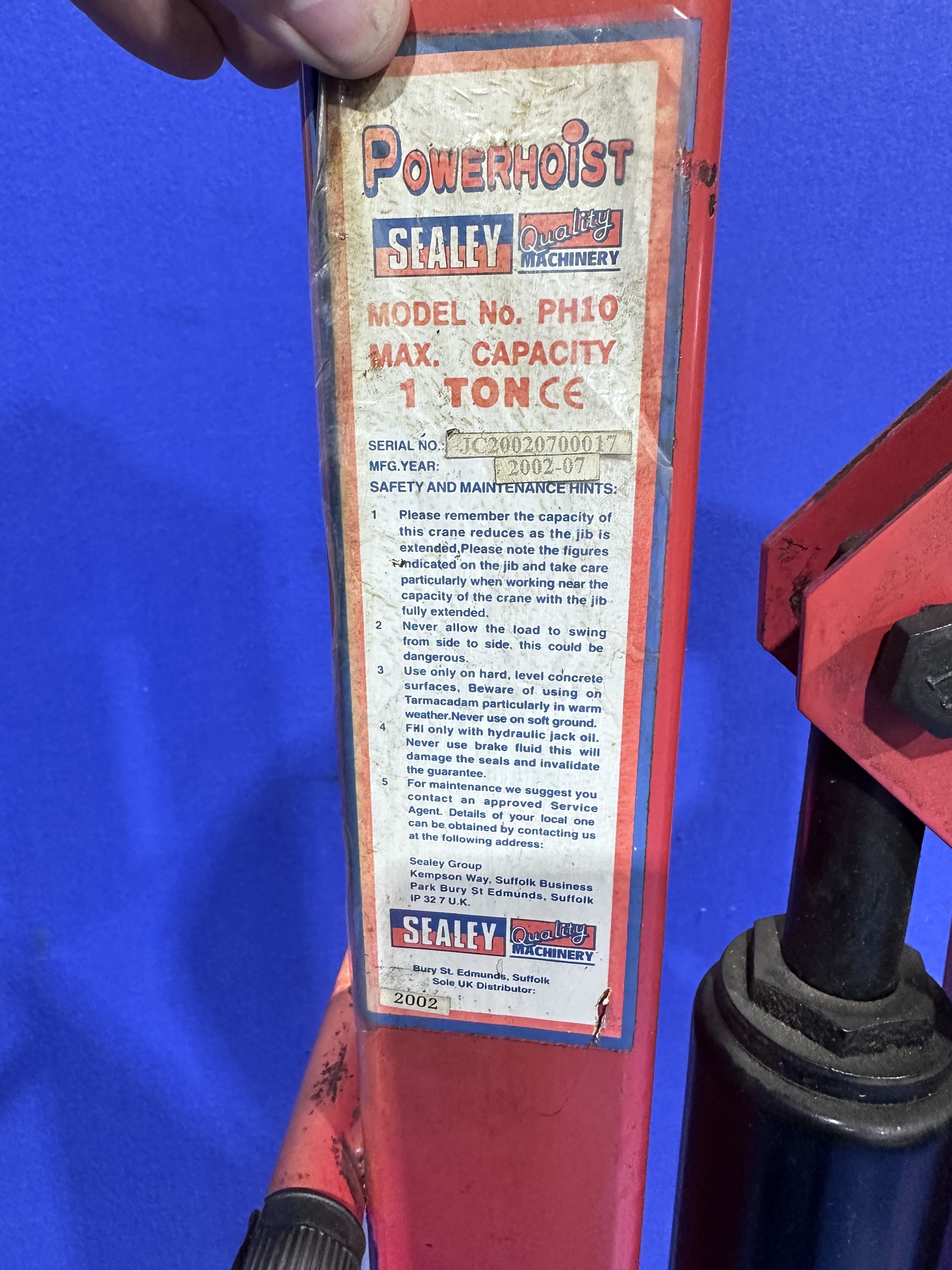 Sealey Power Hoist, Model PF10, Capacity 1 Ton