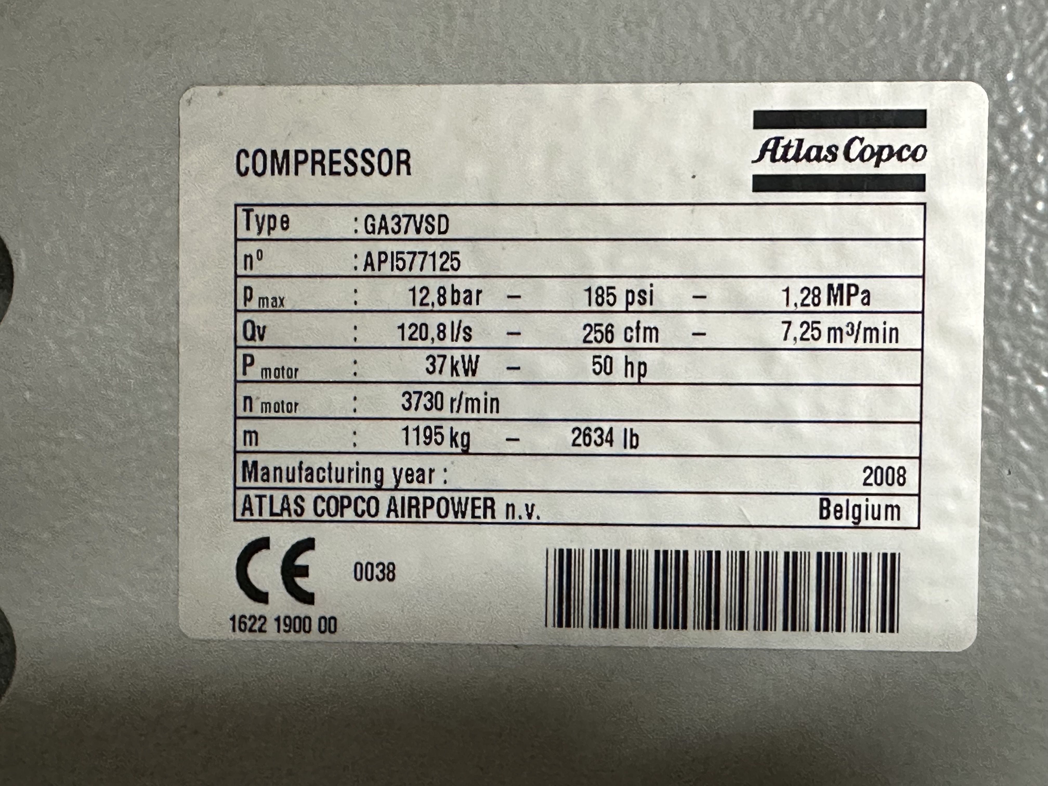 Atlas Copco GA37VSD Rotary Screw Air Compressor (2008)
