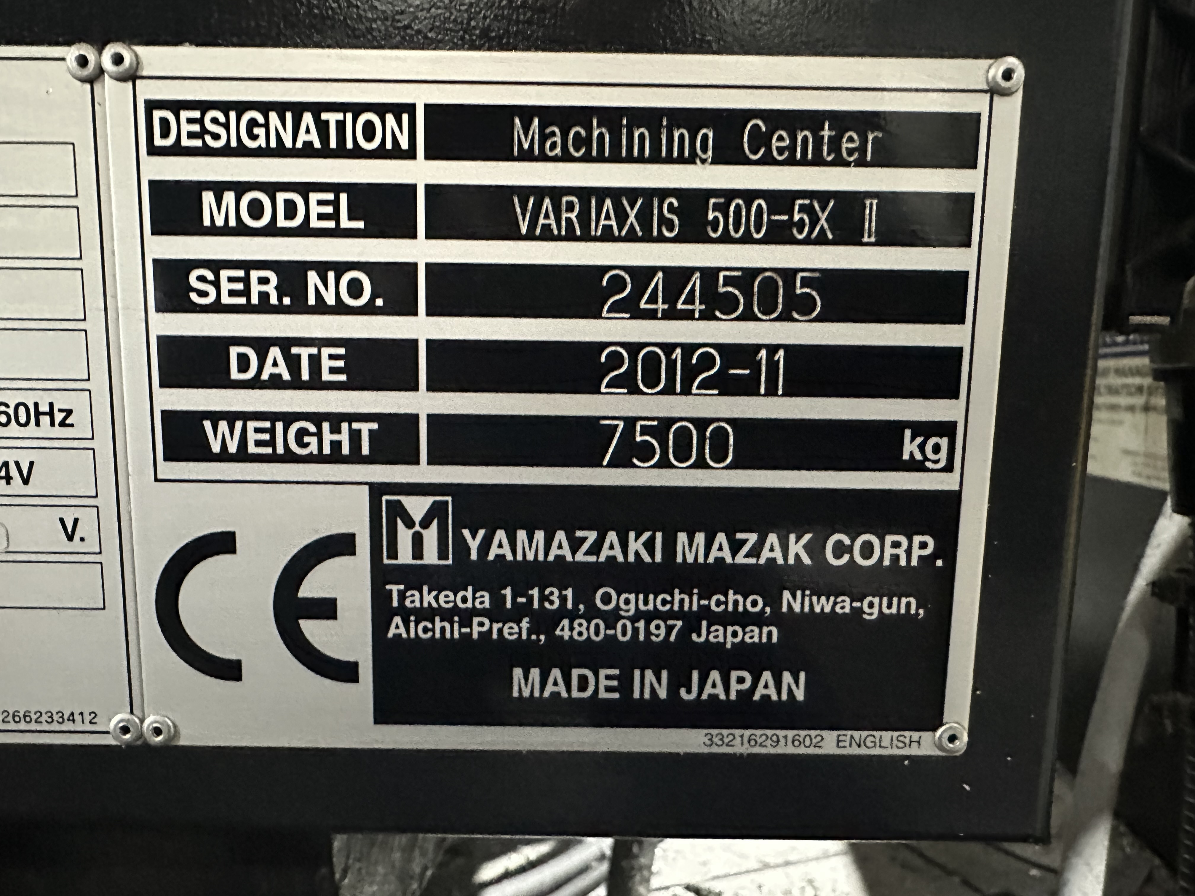 Mazak Variaxis 500-5X II 5 Axis CNC Machining Centre. (2012)