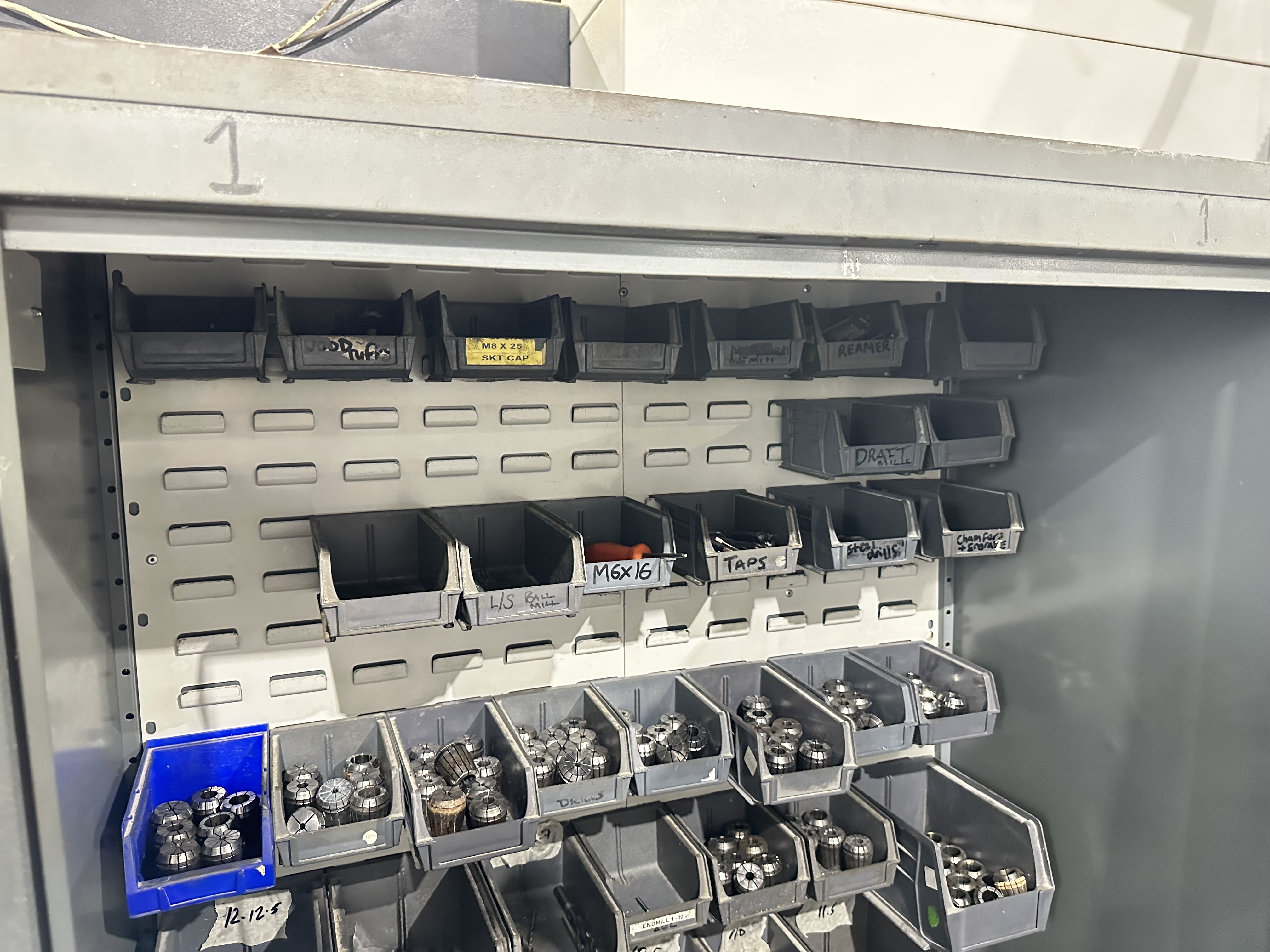 Various ER Collets, Drills & Cutters in 2 Door Cabinet Includes 6 Drawer Tool Cabinet