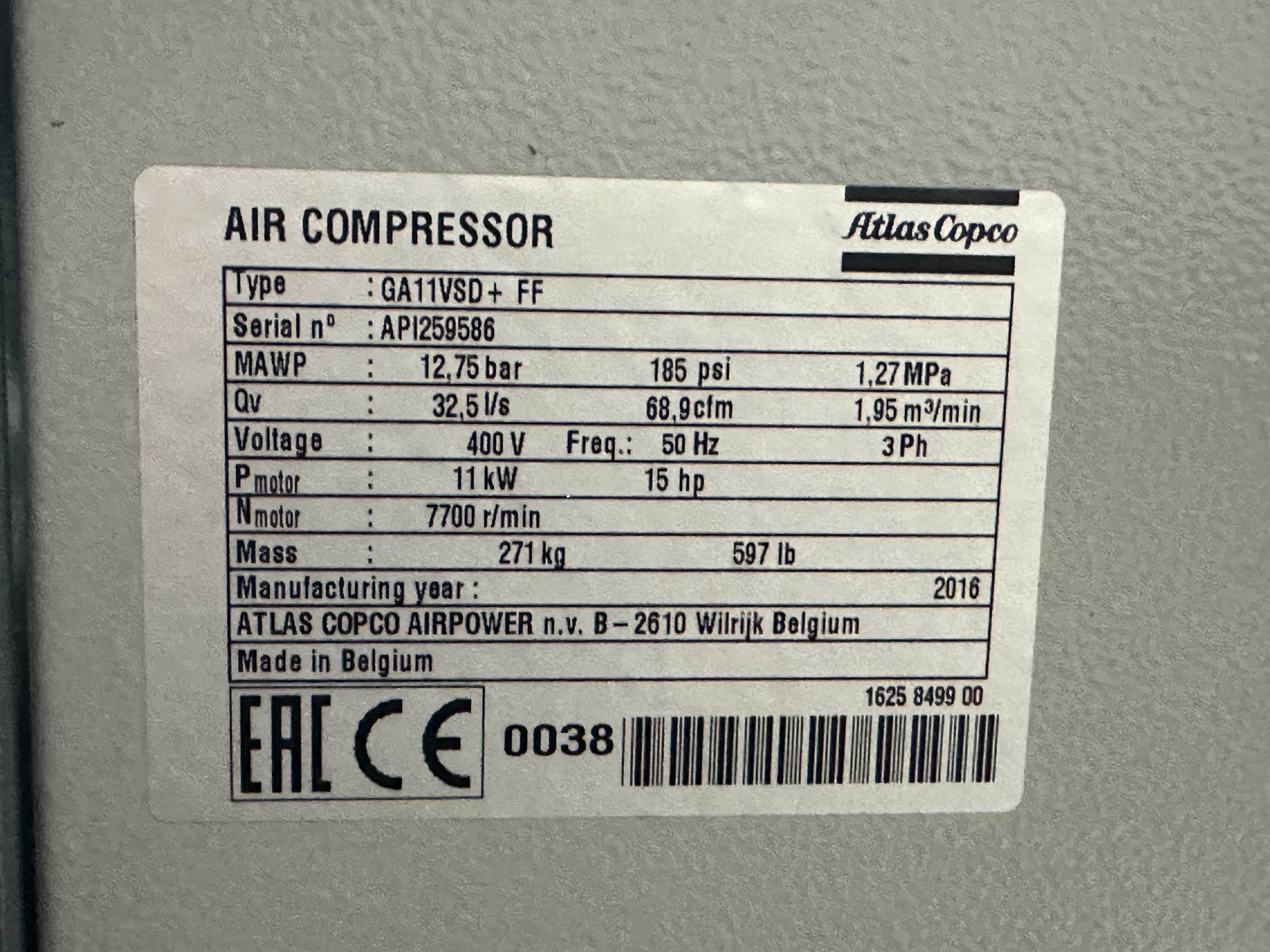 Atlas Copco GA11 VSD+FF, Rotary Screw Air Compressor (2016)
