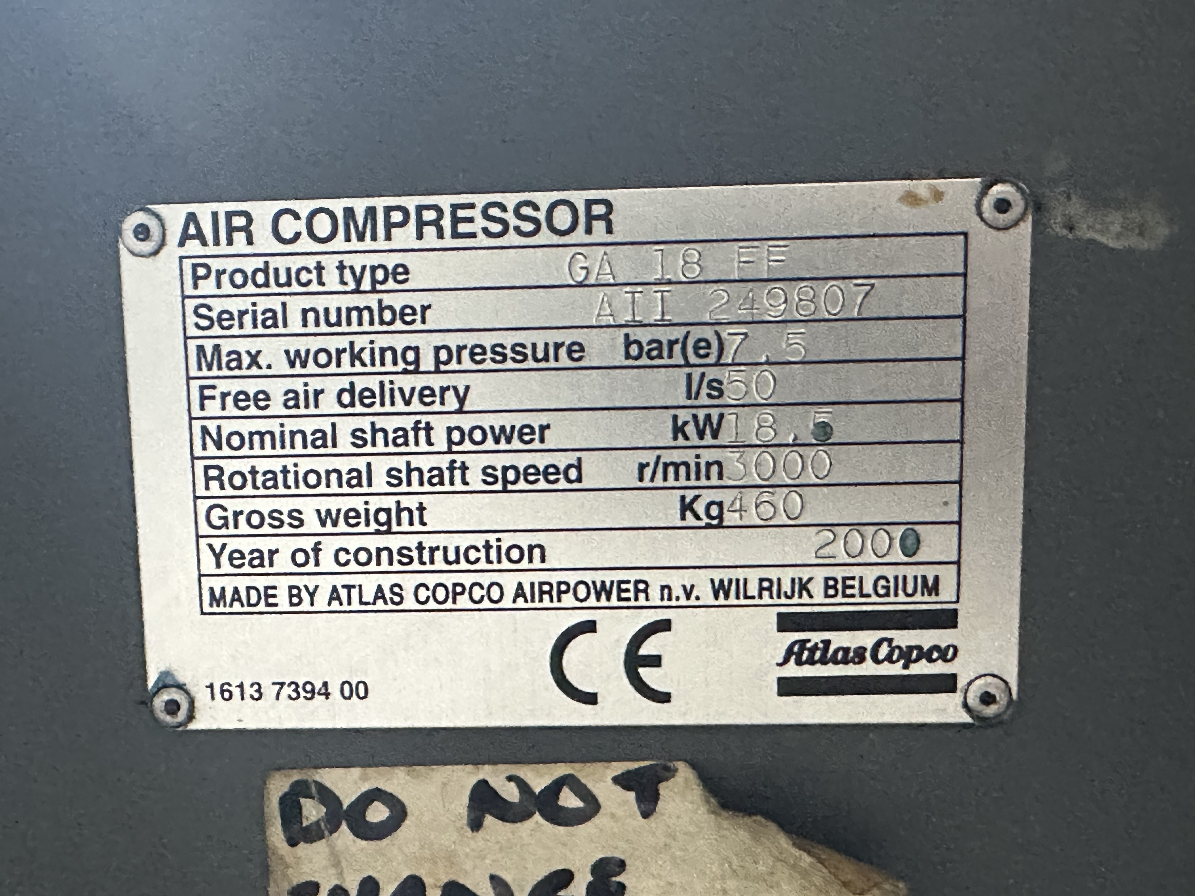 Atlas Copco GA18FF Rotary Screw Air Compressor (2000)