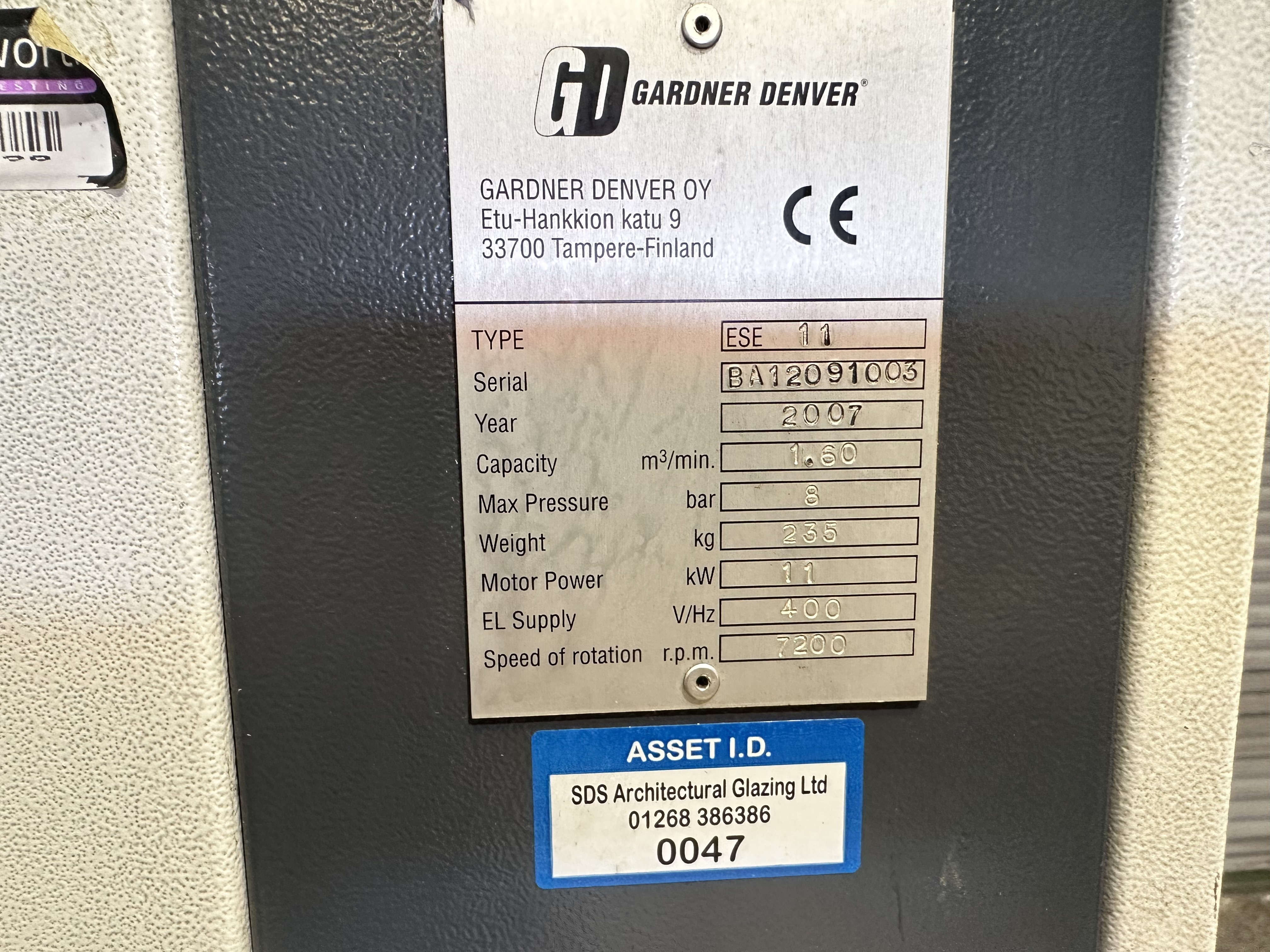 Gardner Denver ESE11 Rotary Screw Air Compressor (2007)