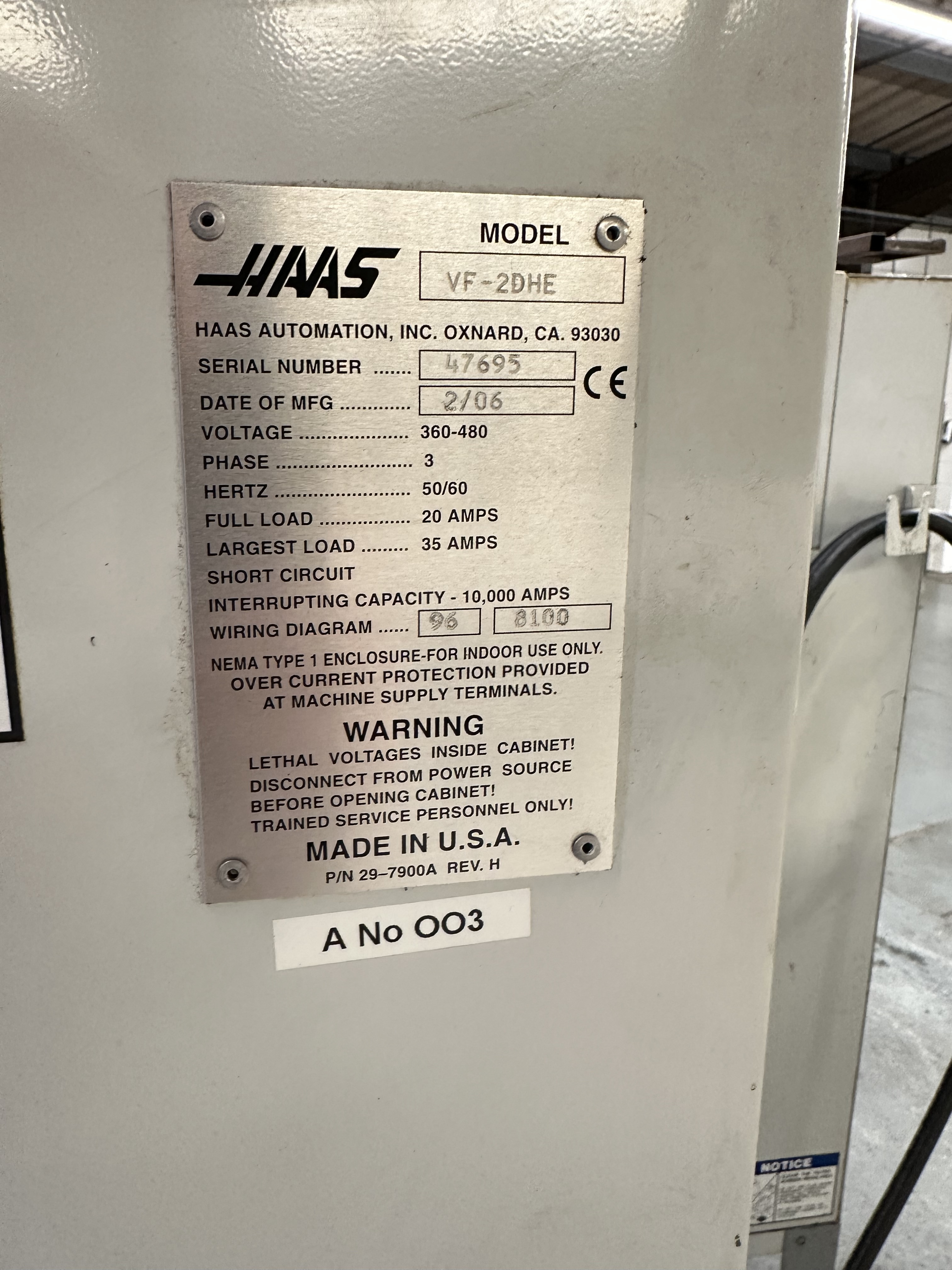Haas VF2DE Vertical Machining Centre with Haas CNC Control. (02/2006)