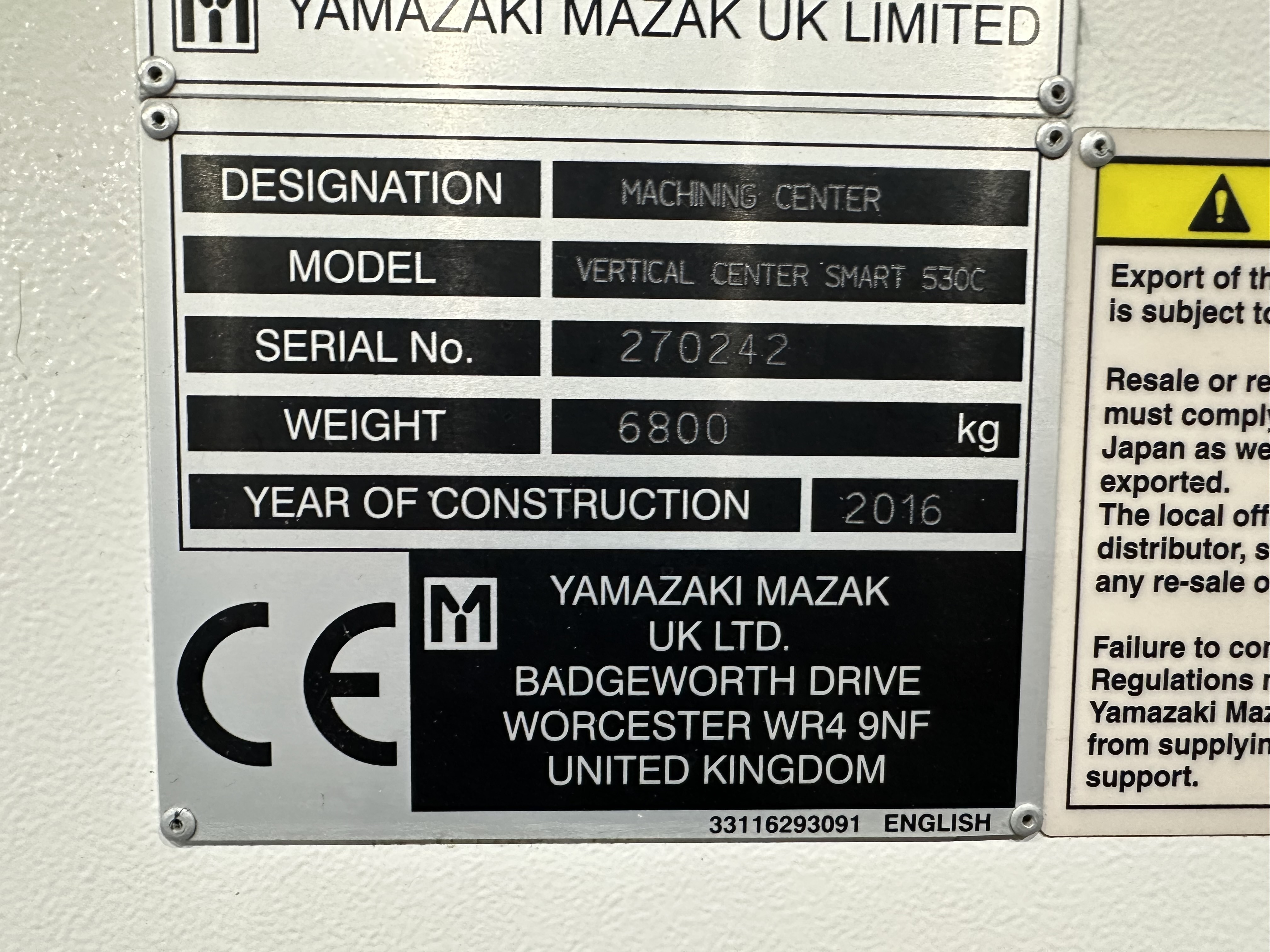 Mazak Vertical Centre Smart 530C Machining Centre. (2016)