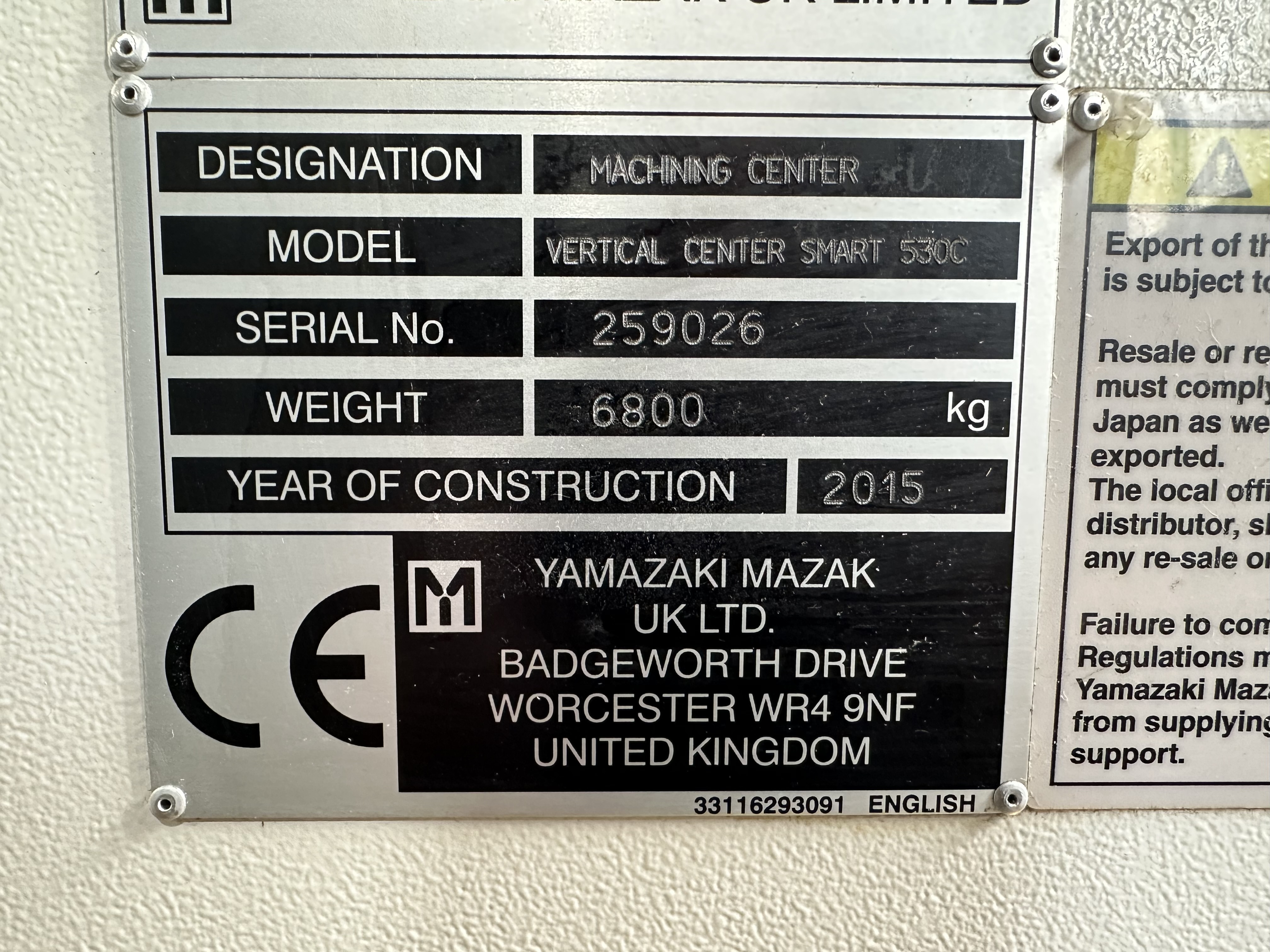 Mazak Vertical Centre Smart 530C CNC Vertical Machining Centre. (2015)
