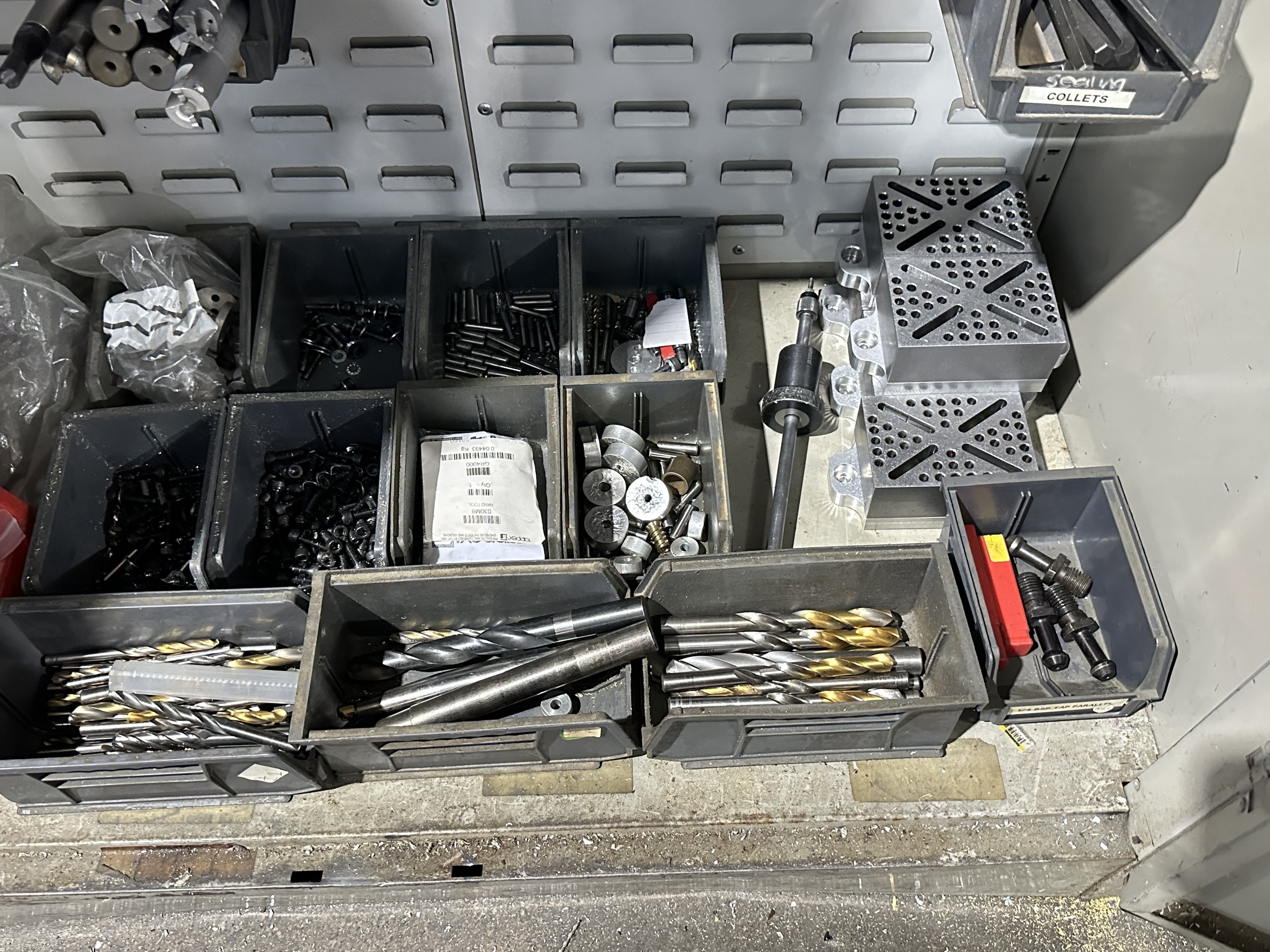 Various ER Collets, Drills & Cutters in 2 Door Cabinet