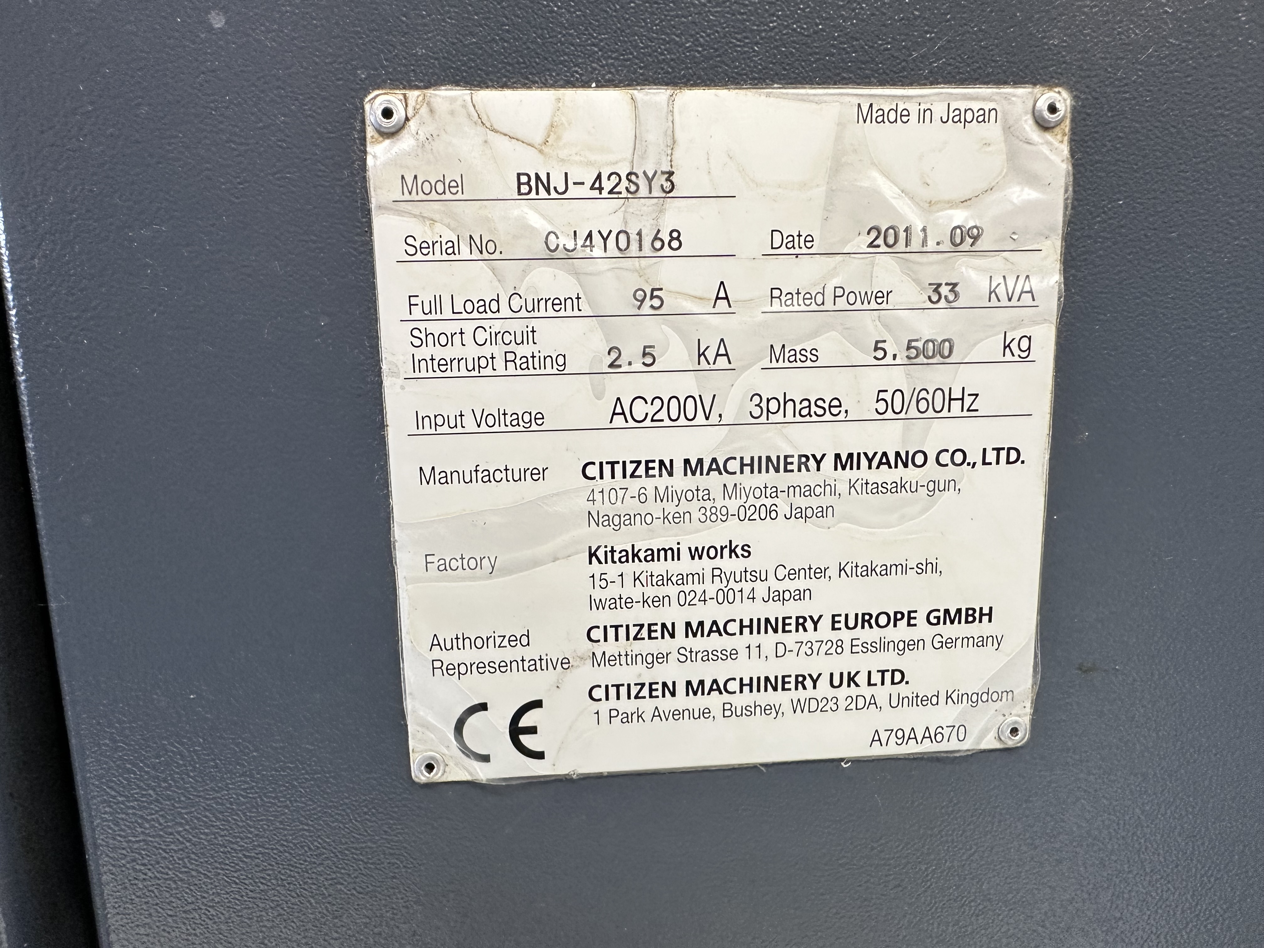 Citizen Miyano BNJ-42SY3 Fixed Headstock Lathe 7 Axis Machine with Fanuc Series Oi-TD2 CNC Control (2011)