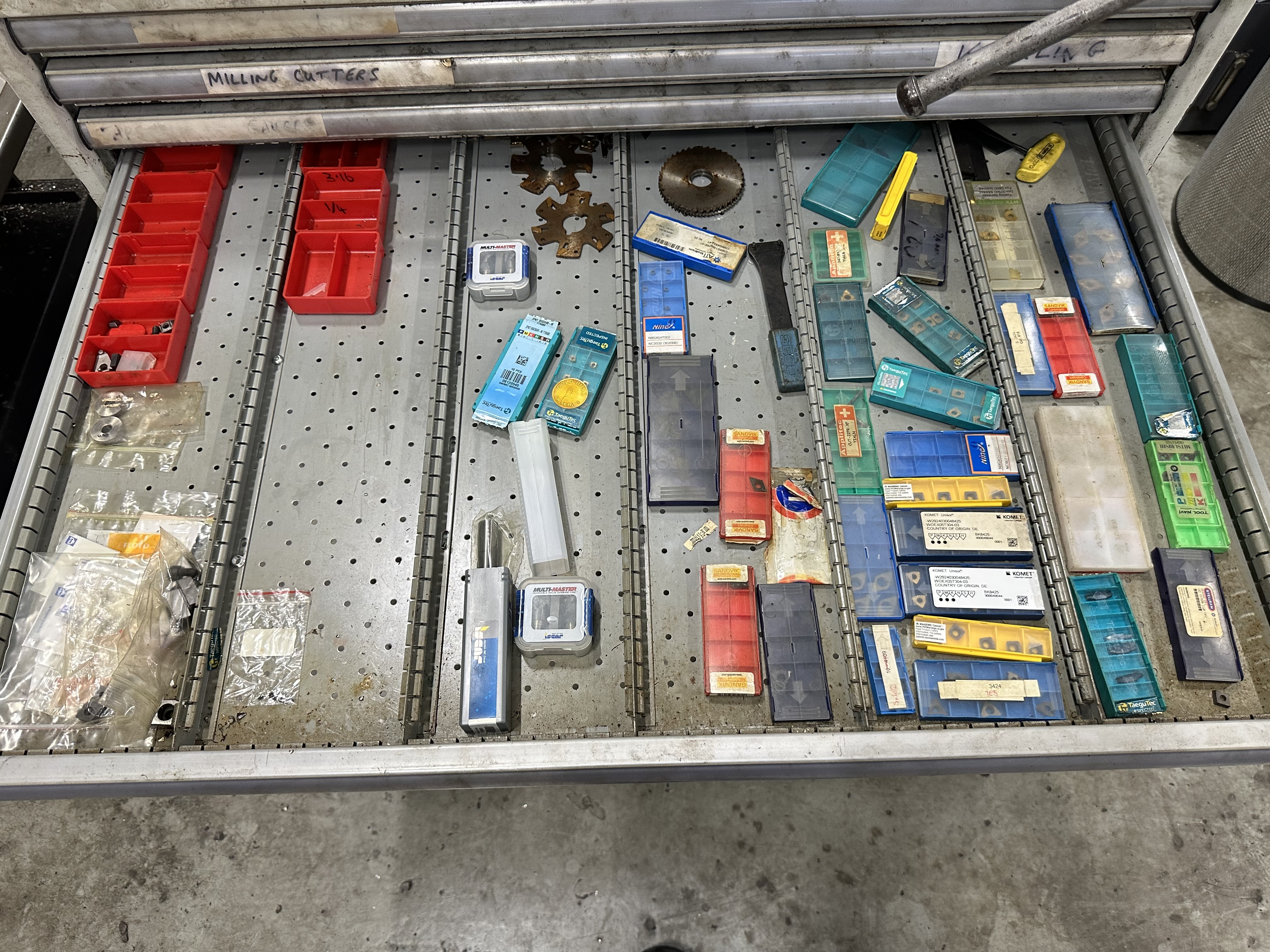 13 Drawer Cabinet with Record No. 24 Vice filled with Various Cutters, Inserts & Drills