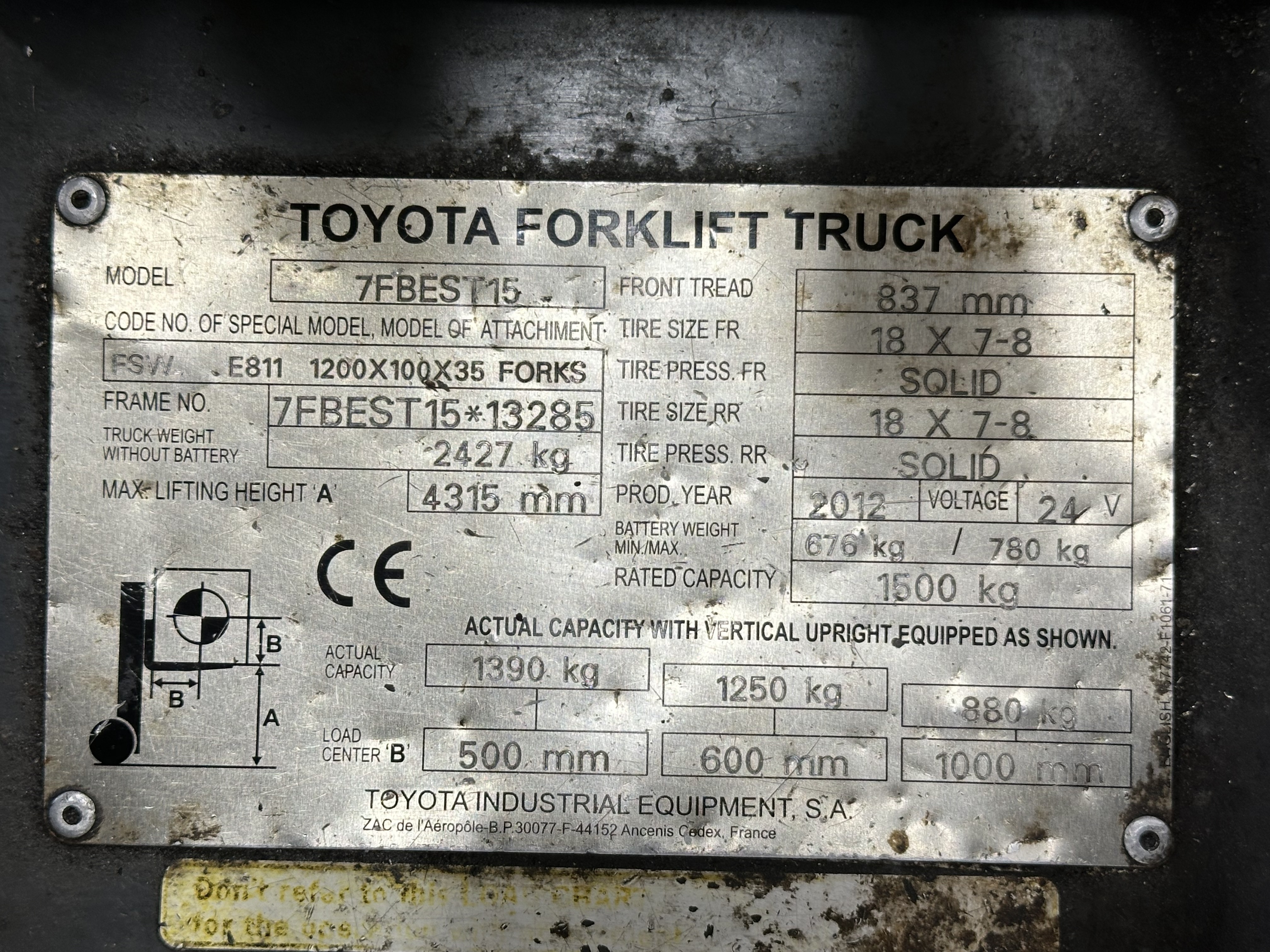 Toyota Traigo 24/15 Forklift, Model 7FBEST15 (2012)