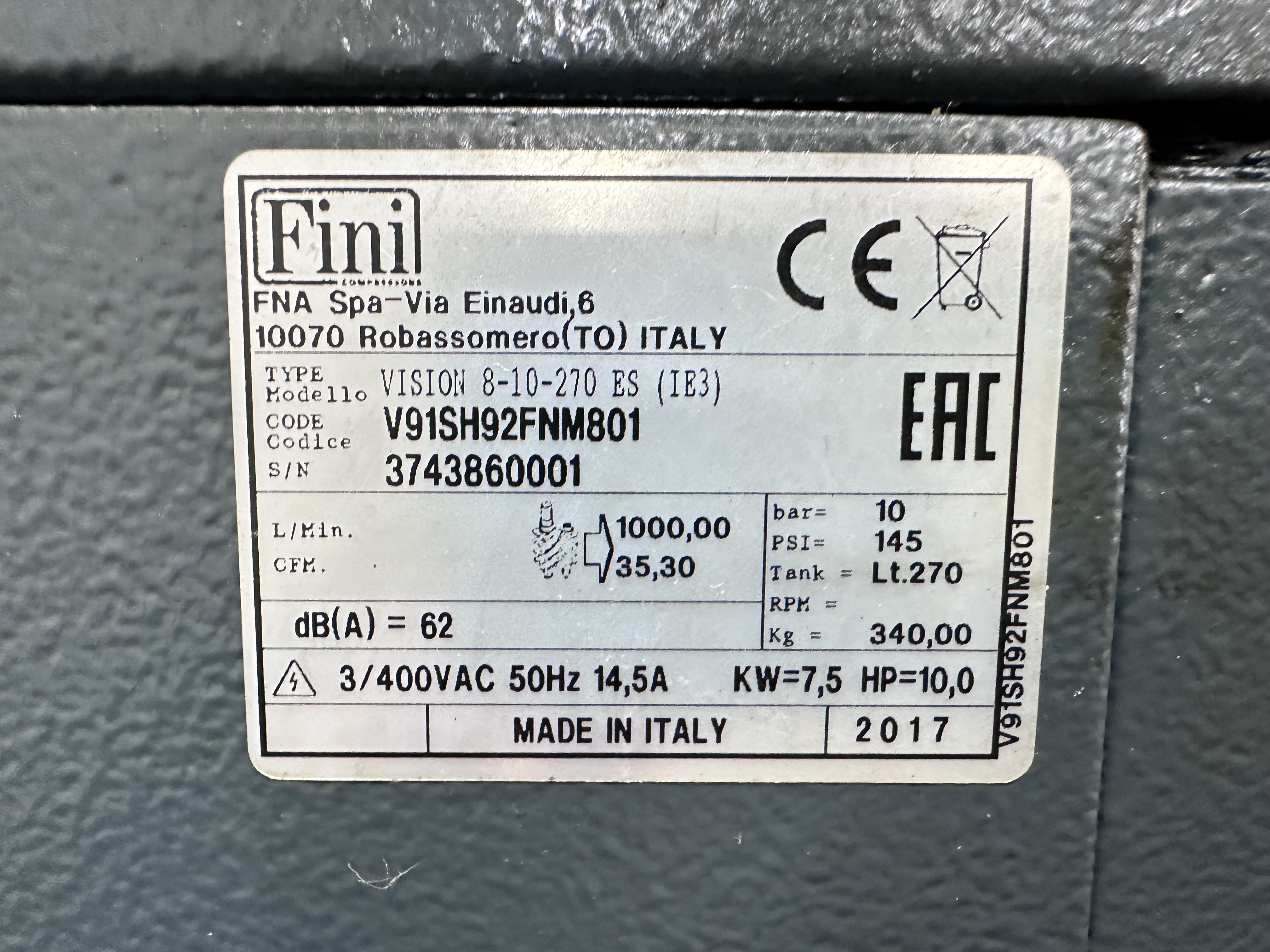 Fini Industrial Vision 8 - 10 - 270 ES Air Compressor (2017) 