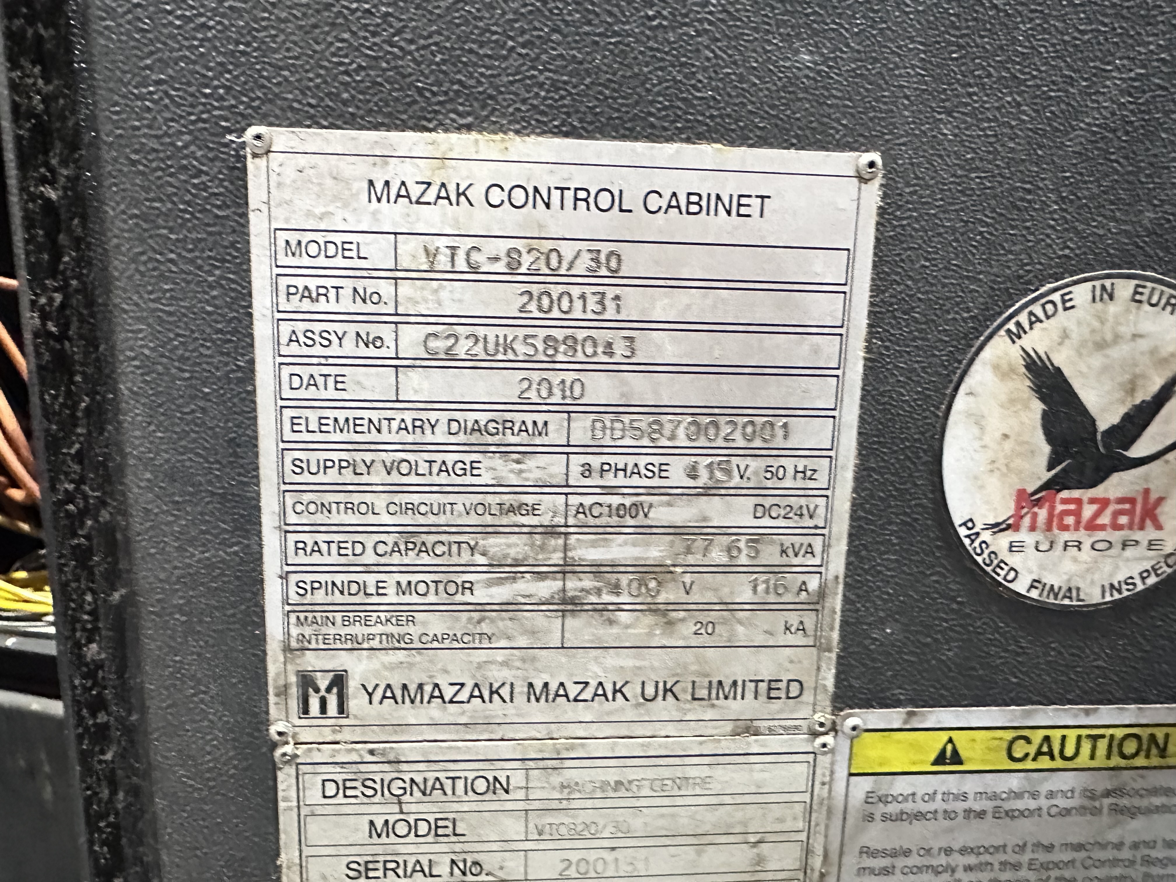 Mazak VTC820/30 3-Axis Machining Centre. (2010)