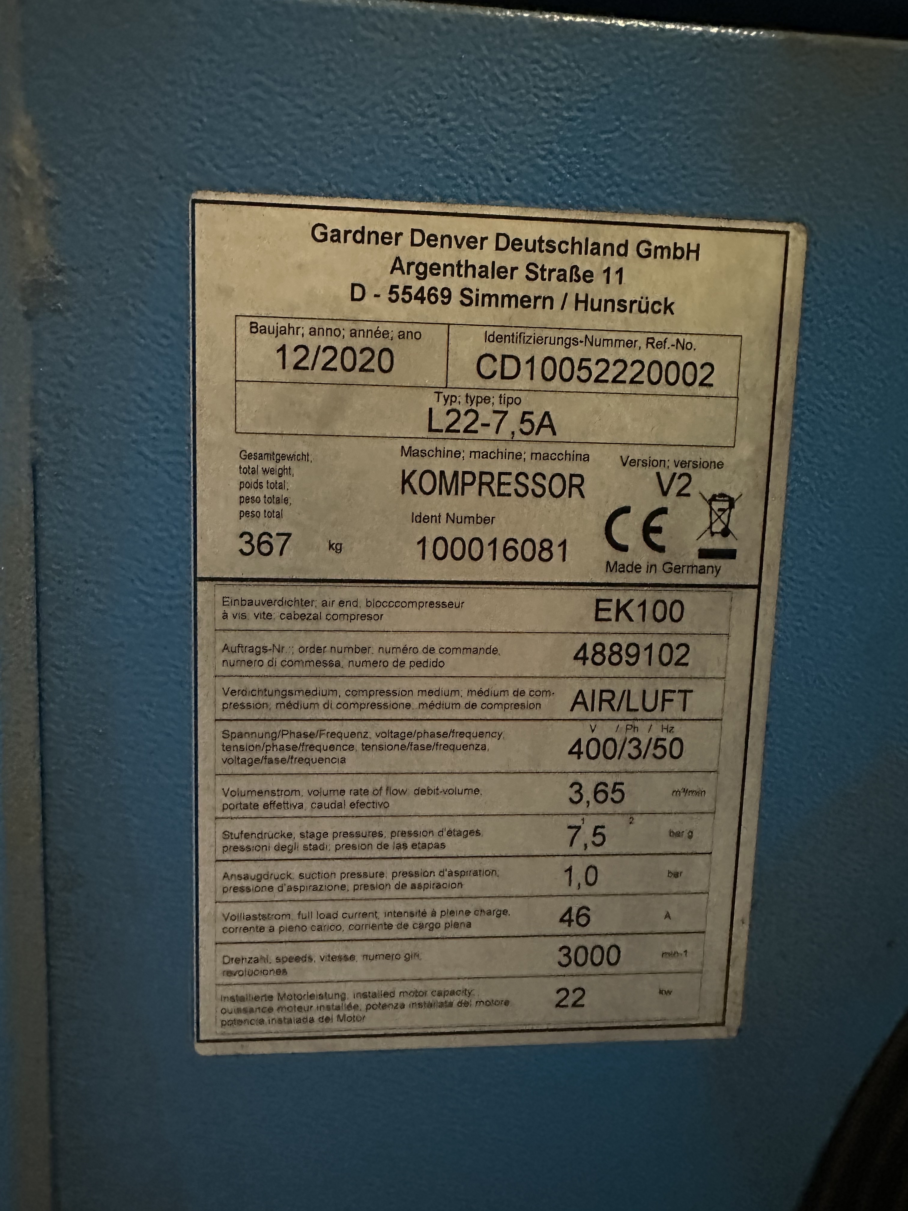 Compair / Gardner Denver L22 22kW Air Compressor. (2020)