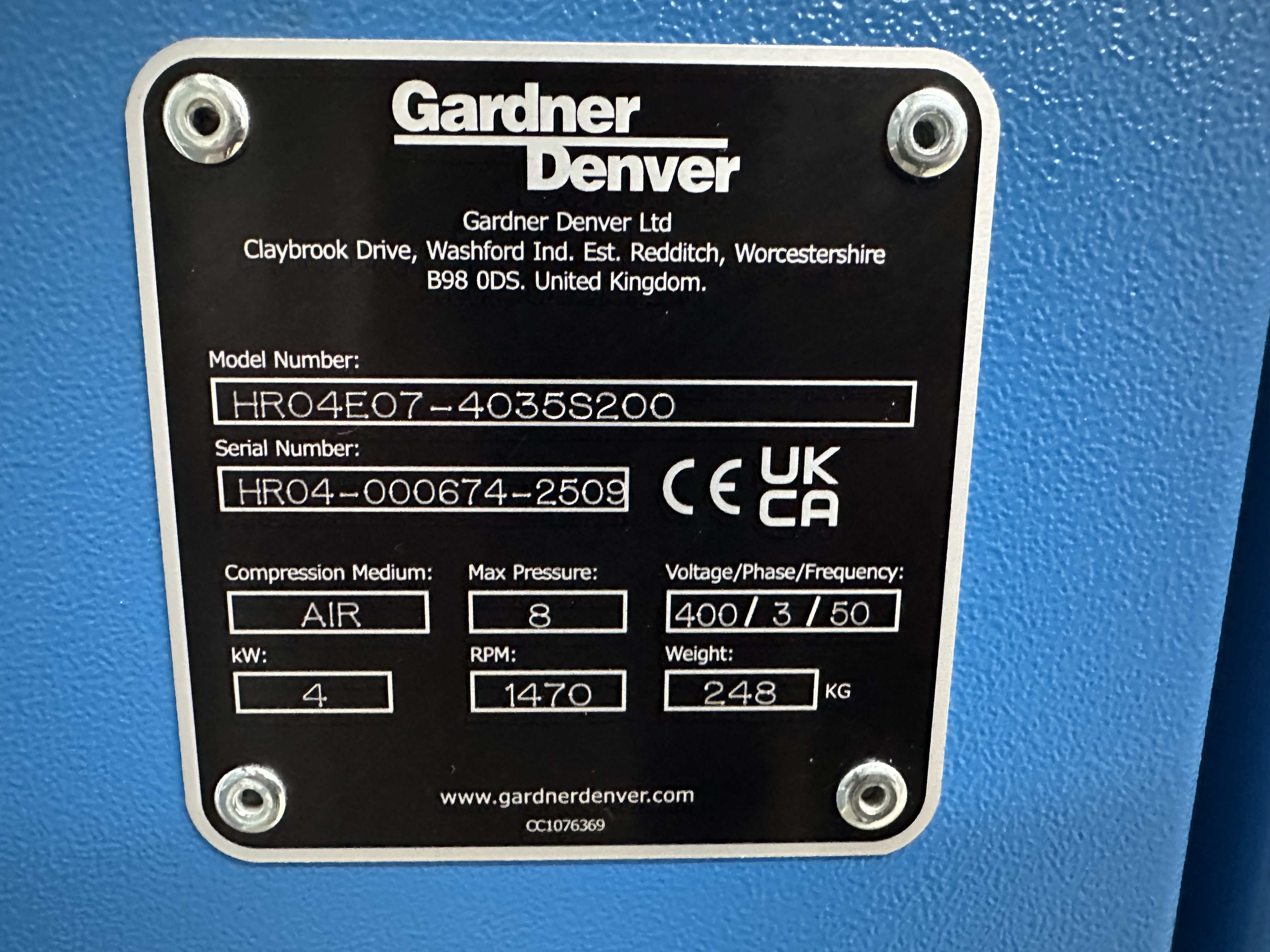 Gardner Denver / Hydrovane HR 04E 07-4035S200 4kW Air Compressor. (advised 2025)