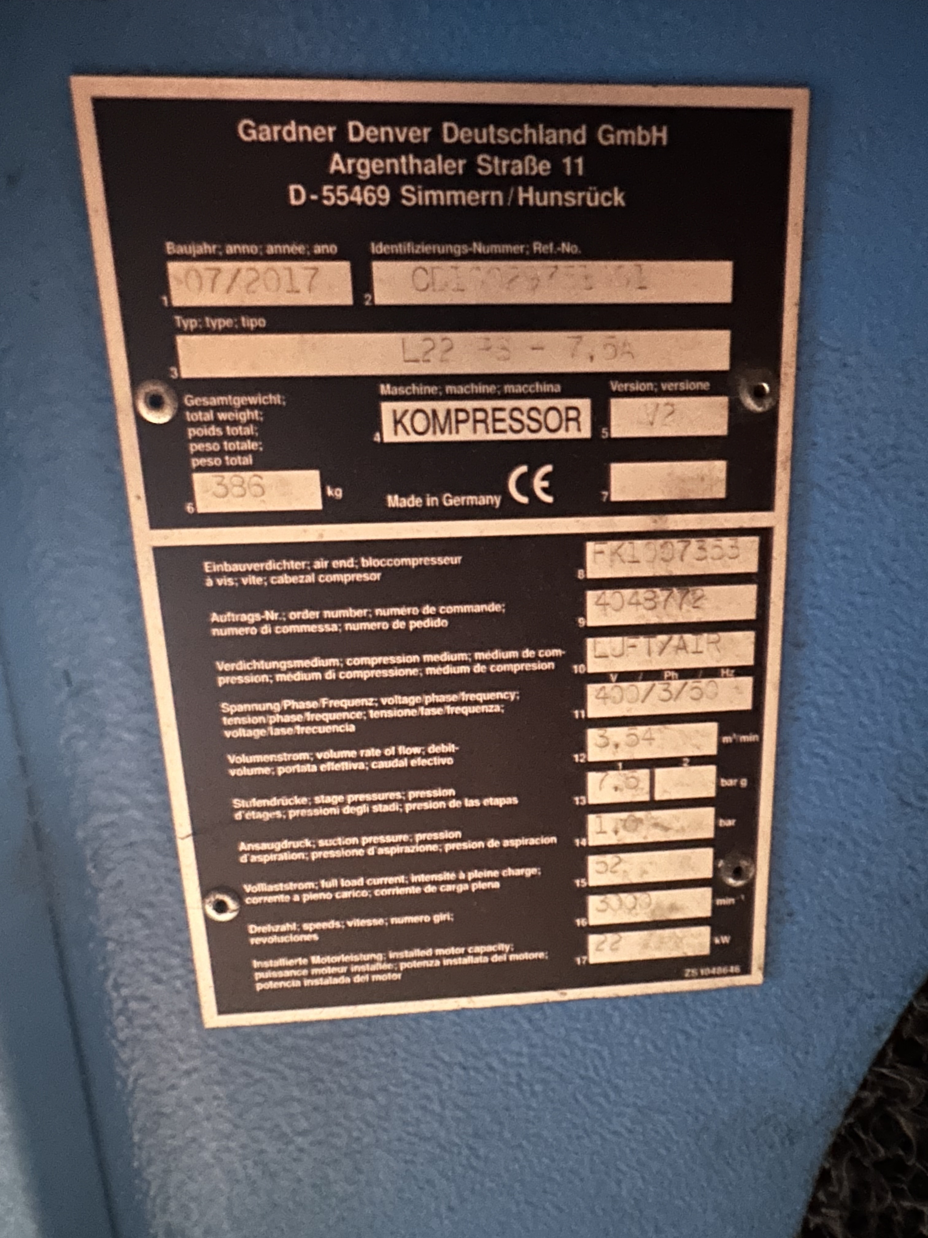 Compair / Gardner Denver L22 RS 22kW Air Compressor. (2017)