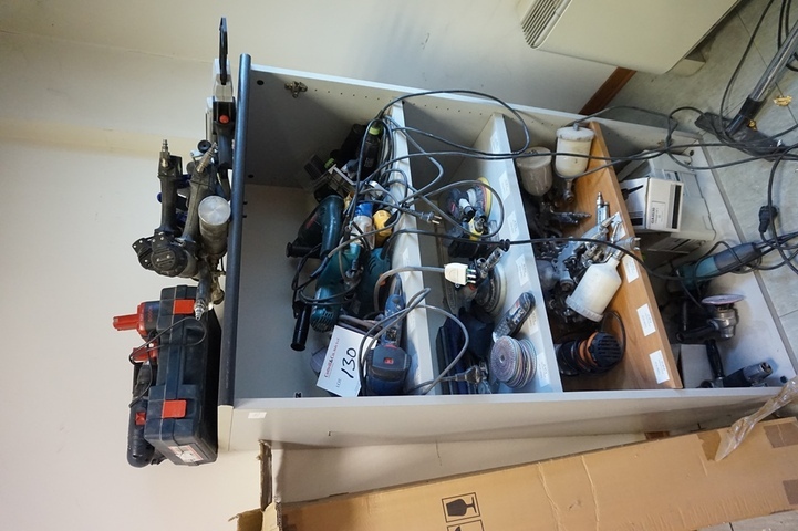 Cabinet with Large Qty of Spray Guns, Grinders, Polishers, Drills & Suckers