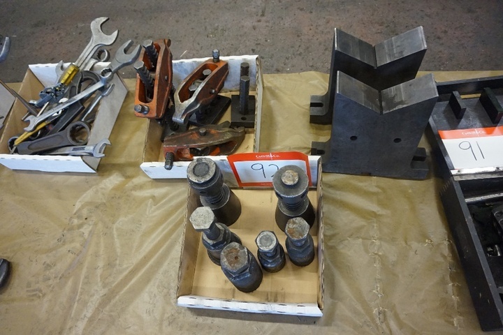 (3) Adjustable Clamps, (2) V Blocks & Box of Adjustable Setting Blocks